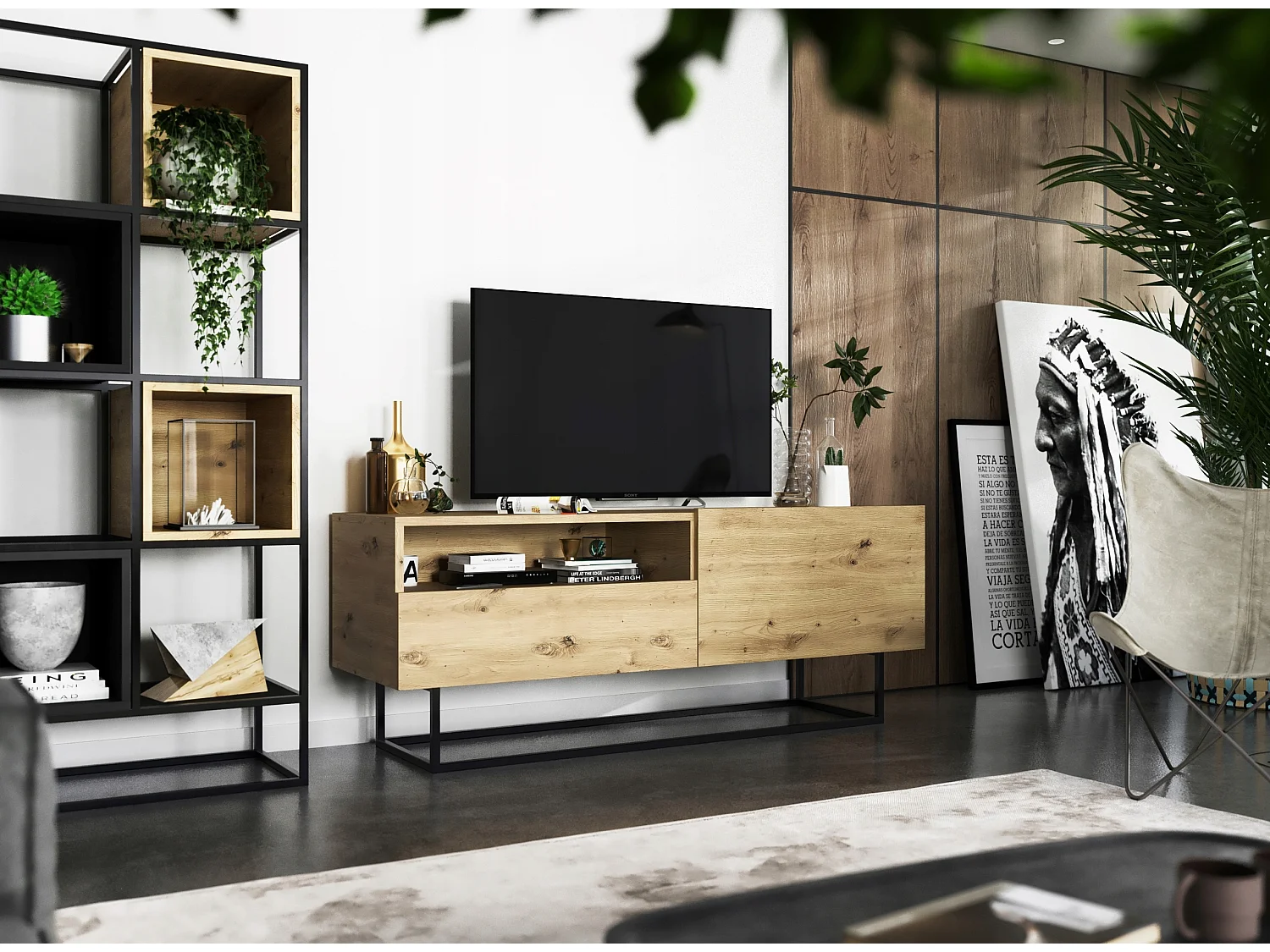 TV-meubel met 1 deur, open vak en lade – corpus Mat Ambachtseik, fronten Mat Ambachtseik – 120 cm, zwart metalen frame