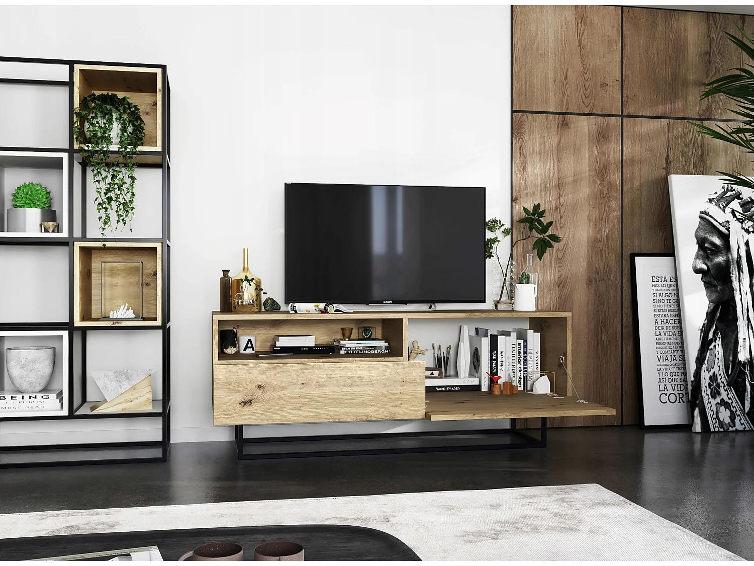 TV-meubel met 1 deur, open vak en lade – corpus Mat Ambachtseik, fronten Mat Ambachtseik – 120 cm, zwart metalen frame