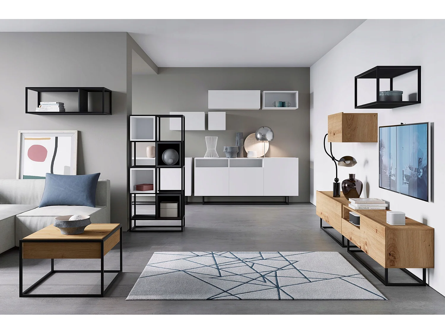 TV-meubel met 1 deur, open vak en lade – corpus Mat Ambachtseik, fronten Mat Ambachtseik – 120 cm, zwart metalen frame