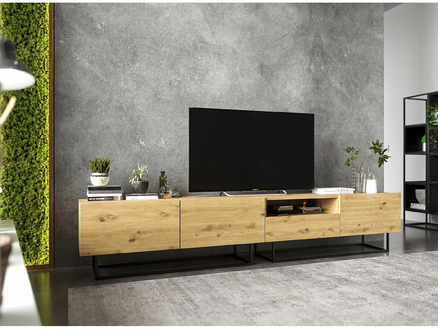 TV-meubel met 1 deur, open vak en lade – corpus Mat Ambachtseik, fronten Mat Ambachtseik – 120 cm, zwart metalen frame