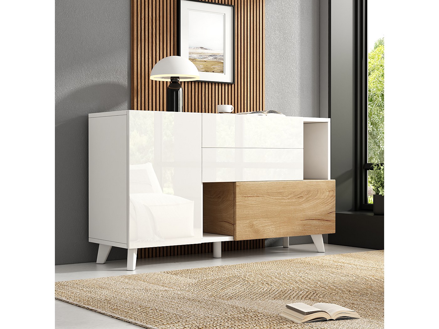 Commode TV avec 3 tiroirs et 3 portes, design en bois naturel, MDF ...