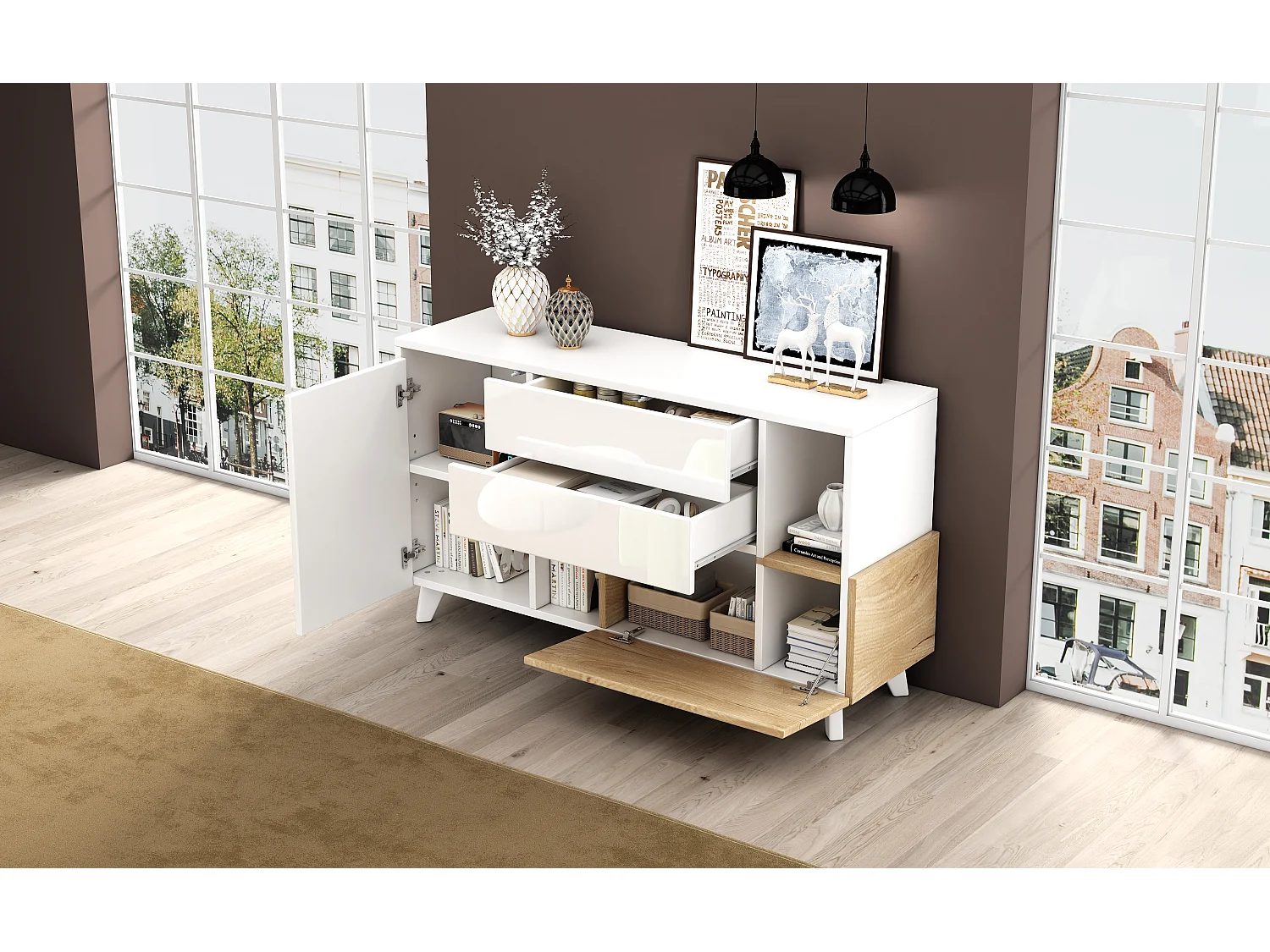 Commode TV avec 3 tiroirs et 3 portes, design en bois naturel, MDF, blanc et bois clair, (130x40x70 cm)