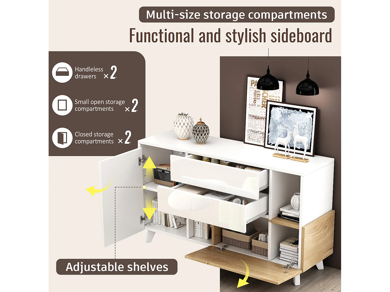 Commode TV avec 3 tiroirs et 3 portes, design en bois naturel, MDF, blanc et bois clair, (130x40x70 cm)
