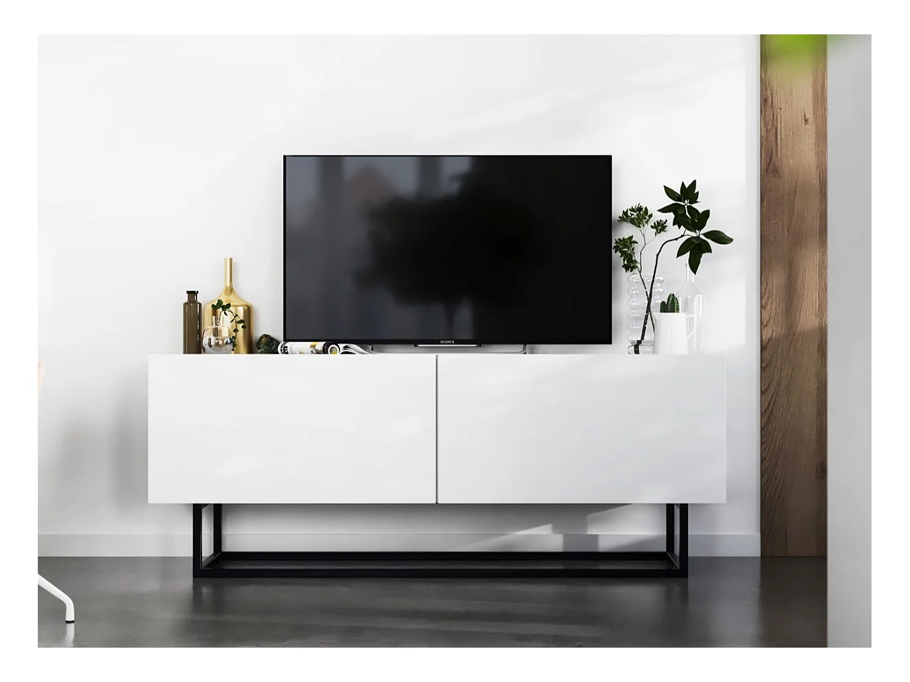 Meuble TV avec 2 portes - corps Blanc mat, façades Blanc mat - 120 cm, Cadre en métal noir