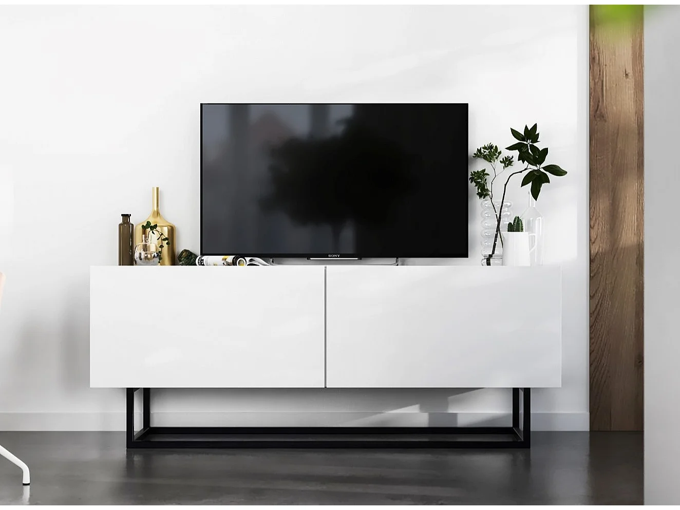 Meuble TV avec 2 portes - corps Blanc mat, façades Blanc mat - 120 cm, Cadre en métal noir