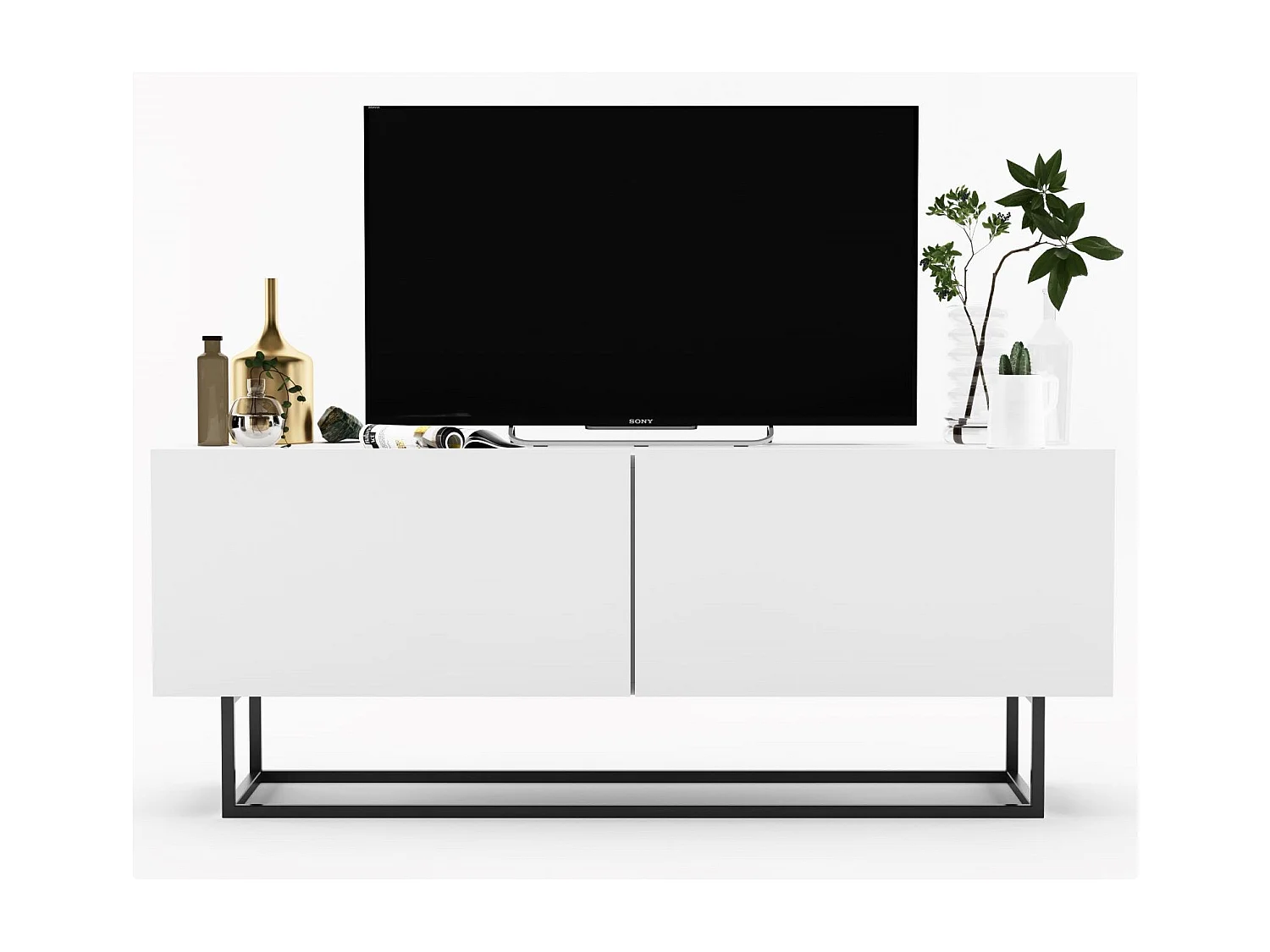 Meuble TV avec 2 portes - corps Blanc mat, façades Blanc mat - 120 cm, Cadre en métal noir