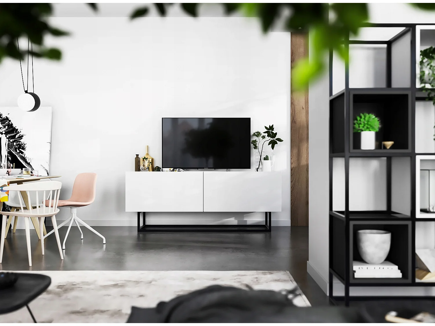 Meuble TV avec 2 portes - corps Blanc mat, façades Blanc mat - 120 cm, Cadre en métal noir