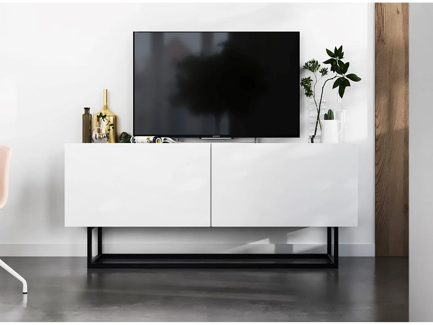 Meuble TV avec 2 portes - corps Blanc mat, façades Blanc mat - 120 cm, Cadre en métal noir