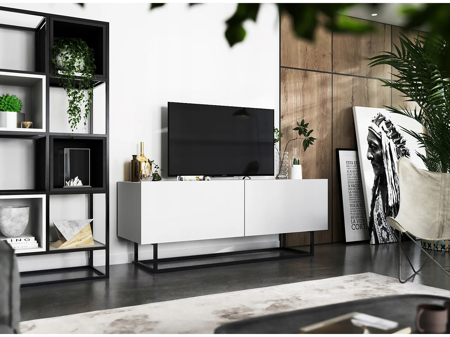 Meuble TV avec 2 portes - corps Blanc mat, façades Blanc mat - 120 cm, Cadre en métal noir