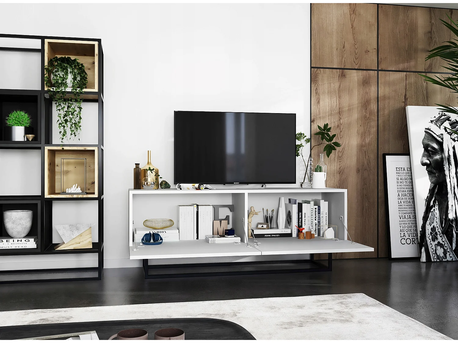 Meuble TV avec 2 portes - corps Blanc mat, façades Blanc mat - 120 cm, Cadre en métal noir