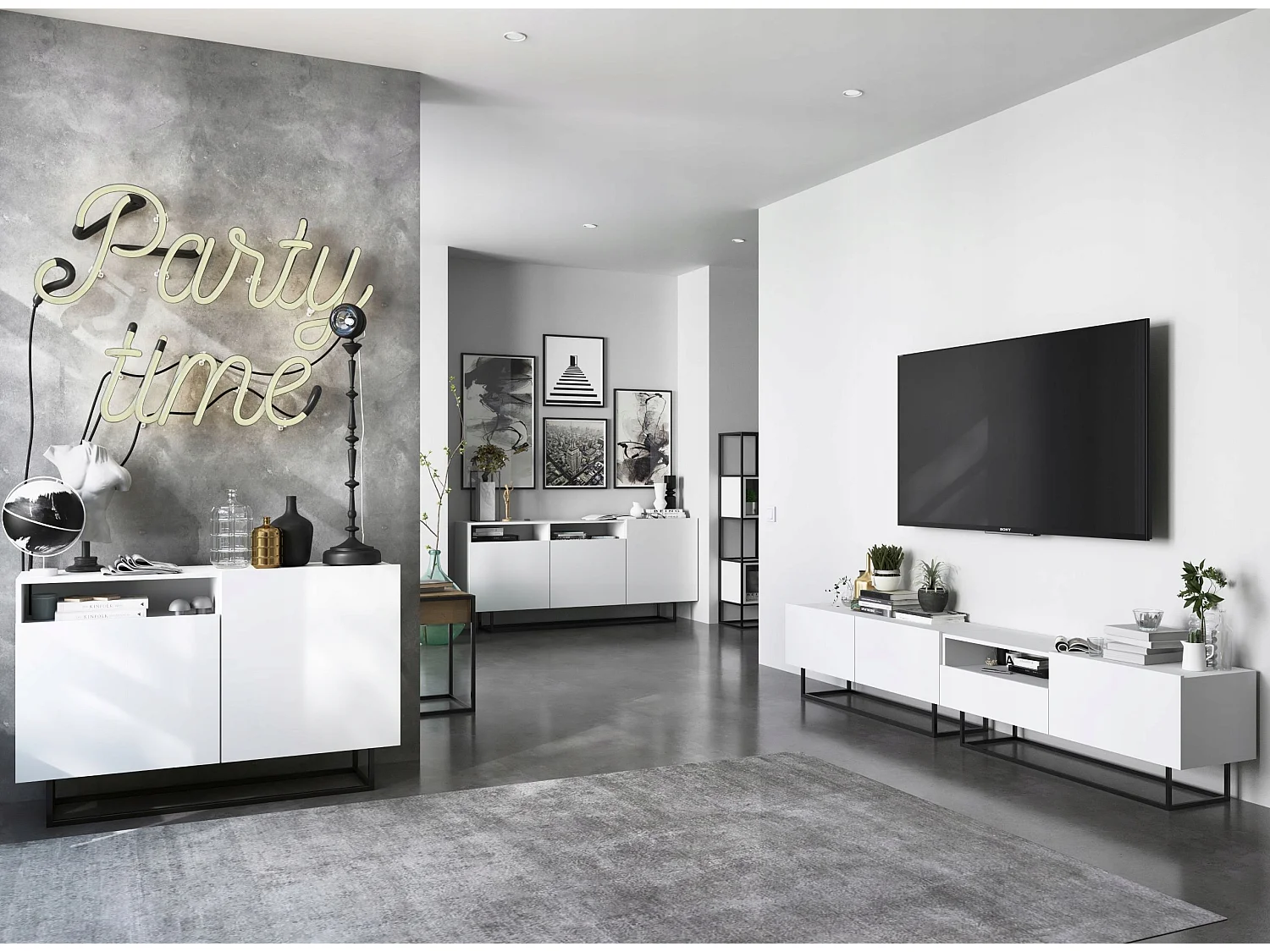 Meuble TV avec 2 portes - corps Blanc mat, façades Blanc mat - 120 cm, Cadre en métal noir