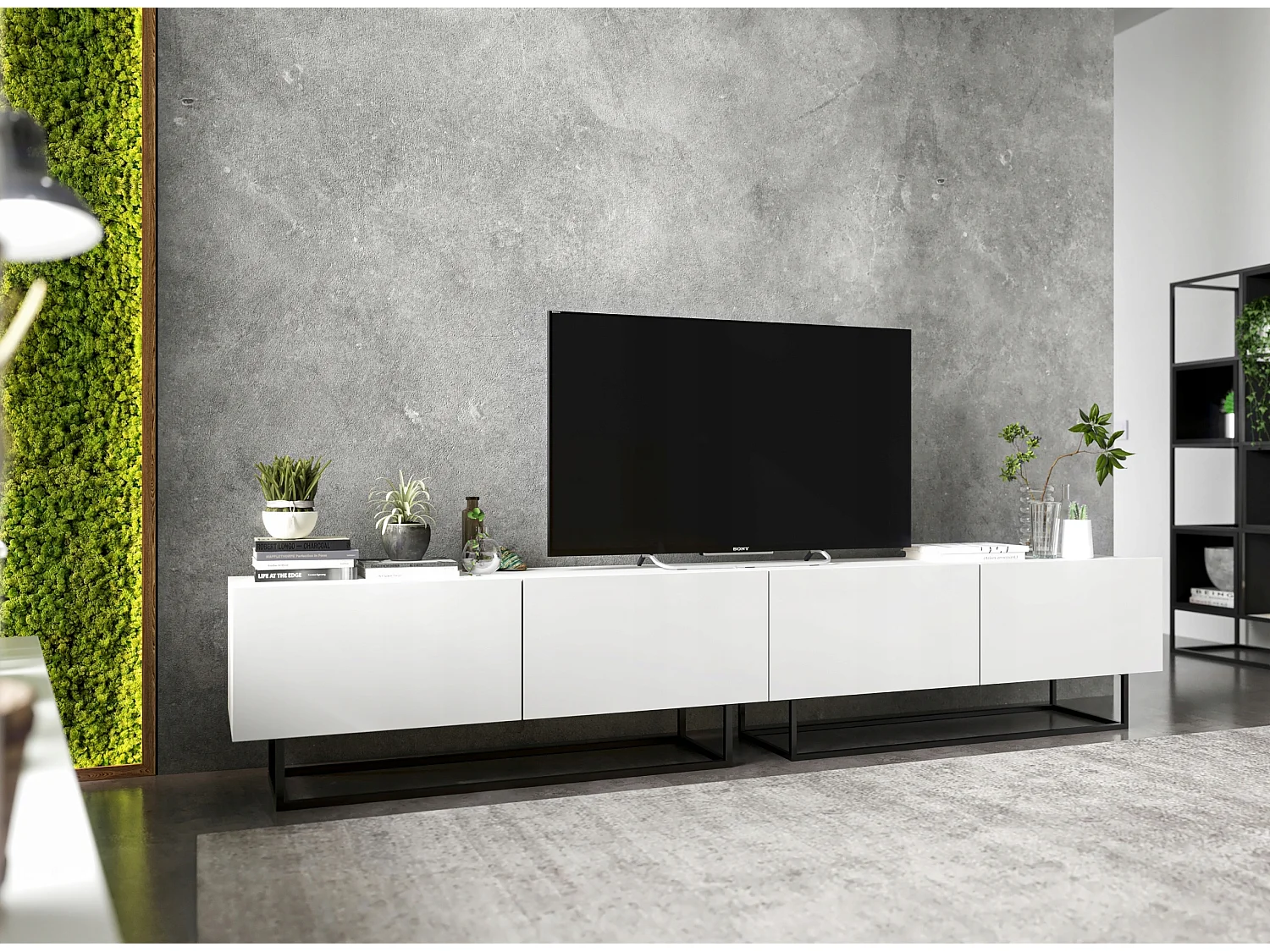Meuble TV avec 2 portes - corps Blanc mat, façades Blanc mat - 120 cm, Cadre en métal noir