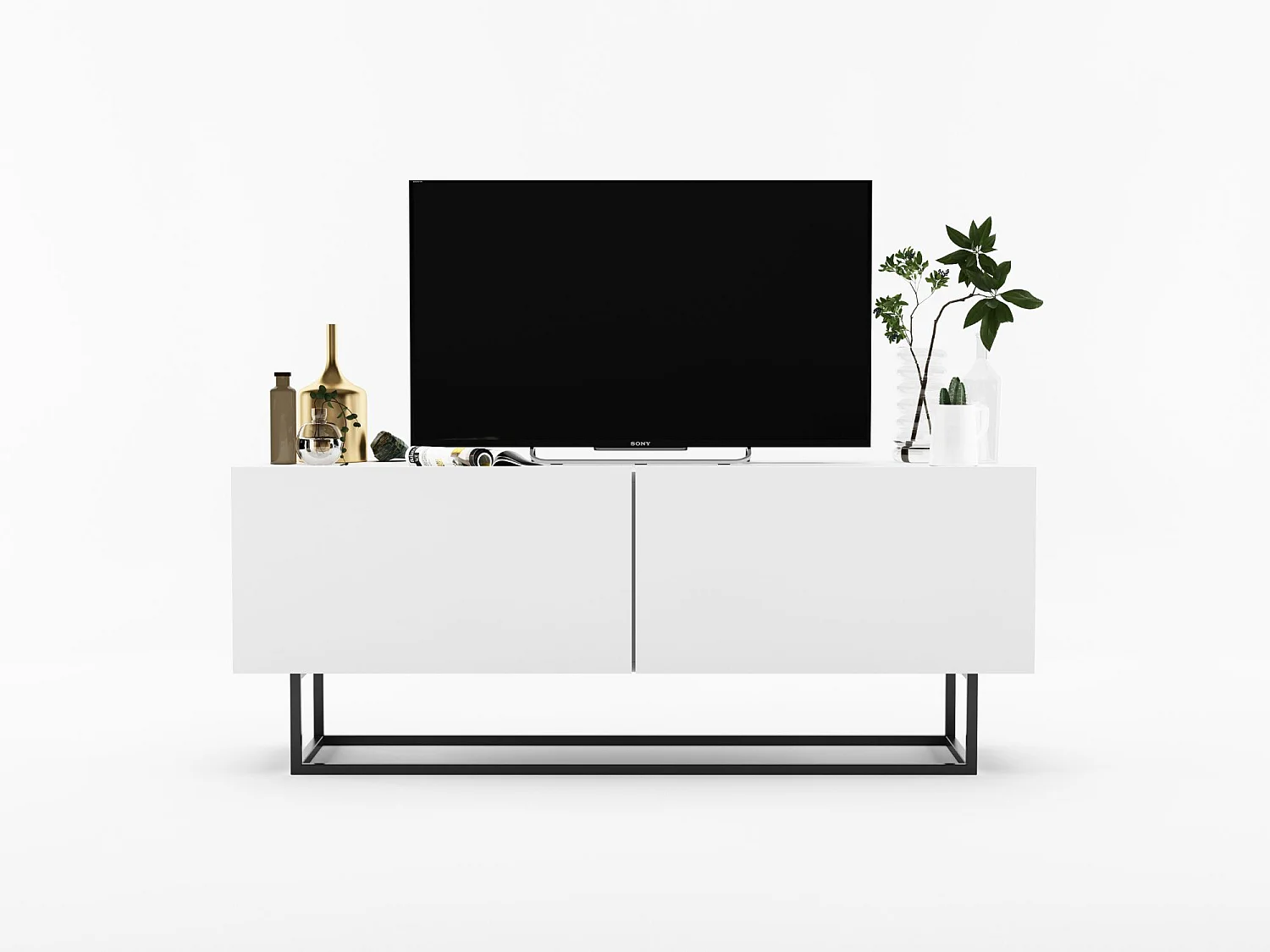 TV-Möbel mit 2 Türen - Korpus Weiß matt, Fronten Weiß matt - 120 cm, Metallrahmen schwarz