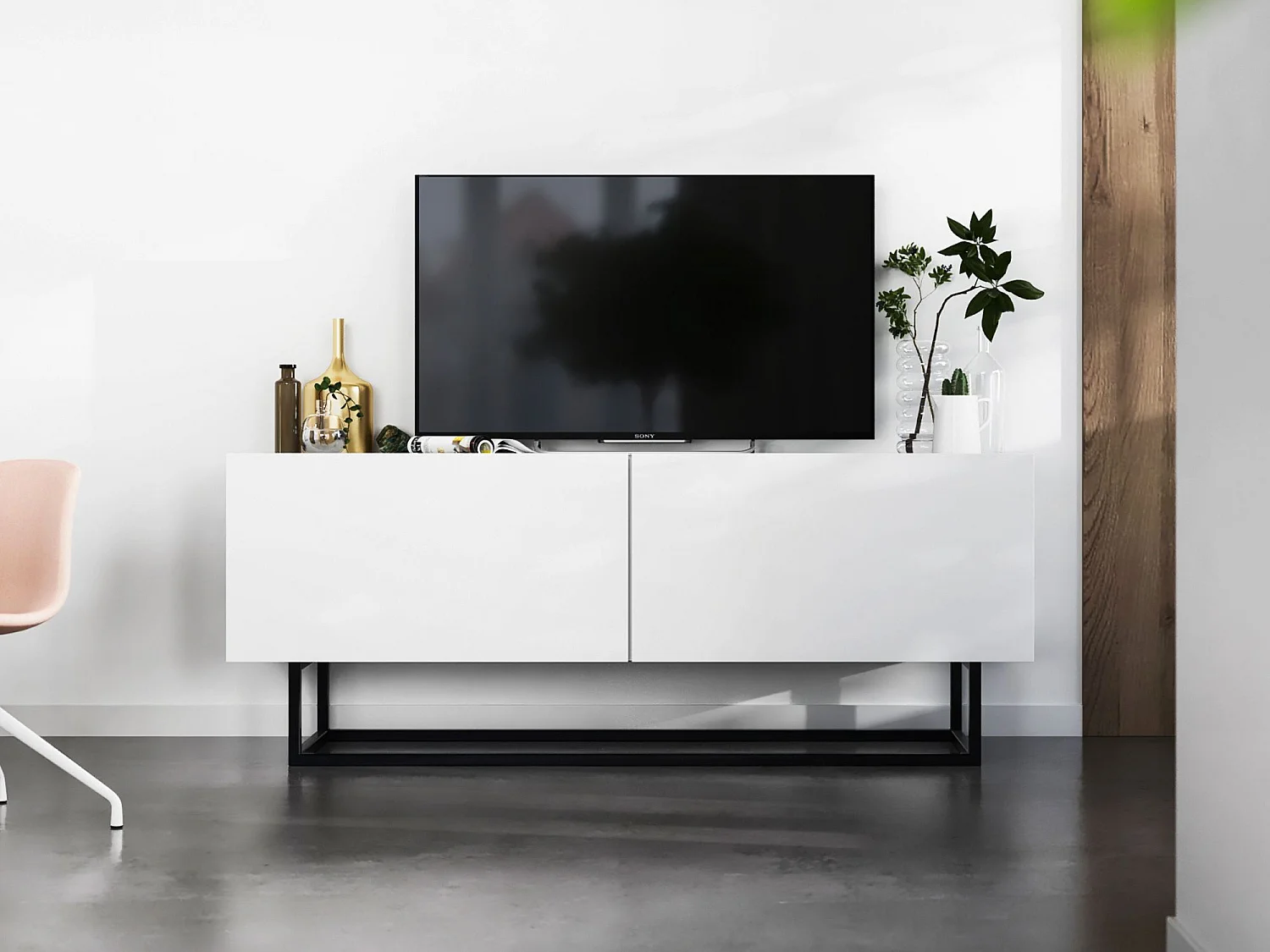 TV-Möbel mit 2 Türen - Korpus Weiß matt, Fronten Weiß matt - 120 cm, Metallrahmen schwarz
