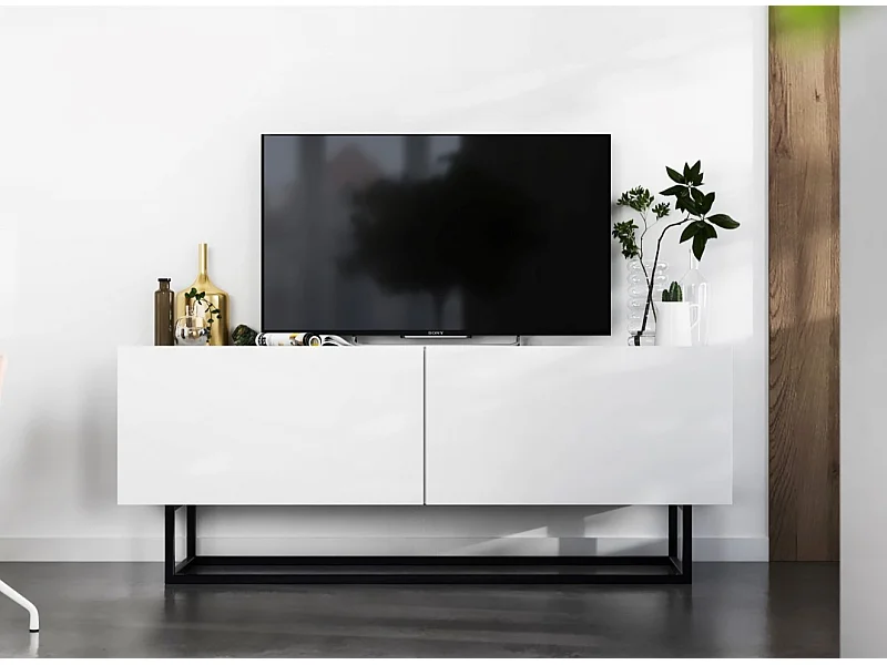 Meuble TV avec 2 portes - corps Blanc mat, façades Blanc mat - 120 cm, Cadre en métal noir