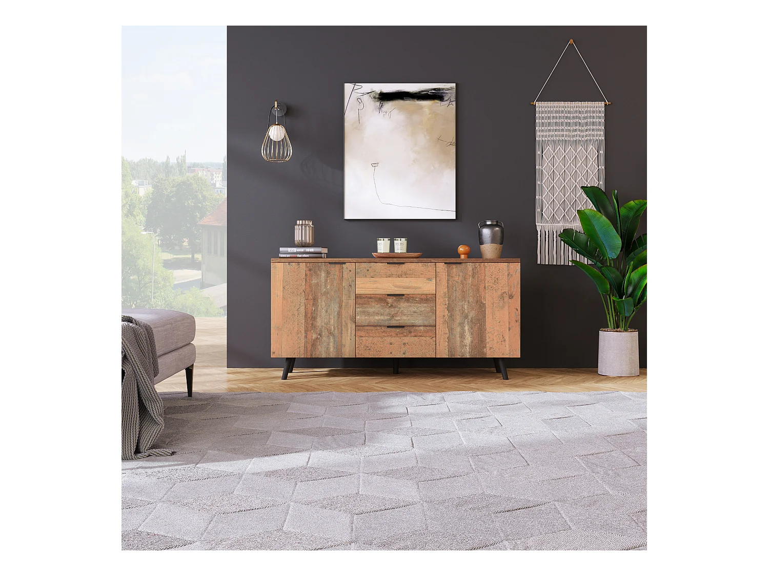 Meuble TV avec 3 tiroirs et étagères réglables, en panneau de particules, couleur bois vieilli (140x35x70 cm)