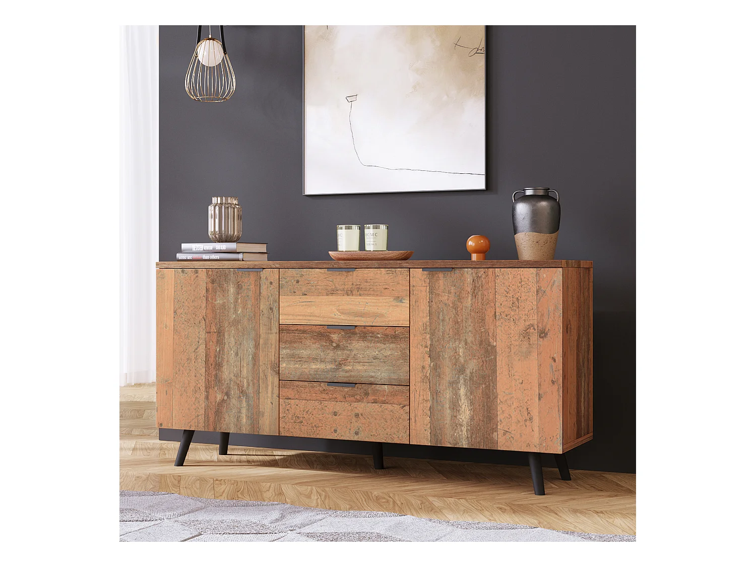 Mobile porta TV con 3 cassetti e ripiani regolabili, realizzato in truciolare, colore legno invecchiato (140x35x70 cm)