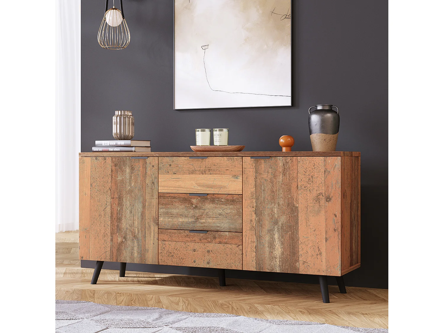 Meuble TV avec 3 tiroirs et étagères réglables, en panneau de particules, couleur bois vieilli (140x35x70 cm)