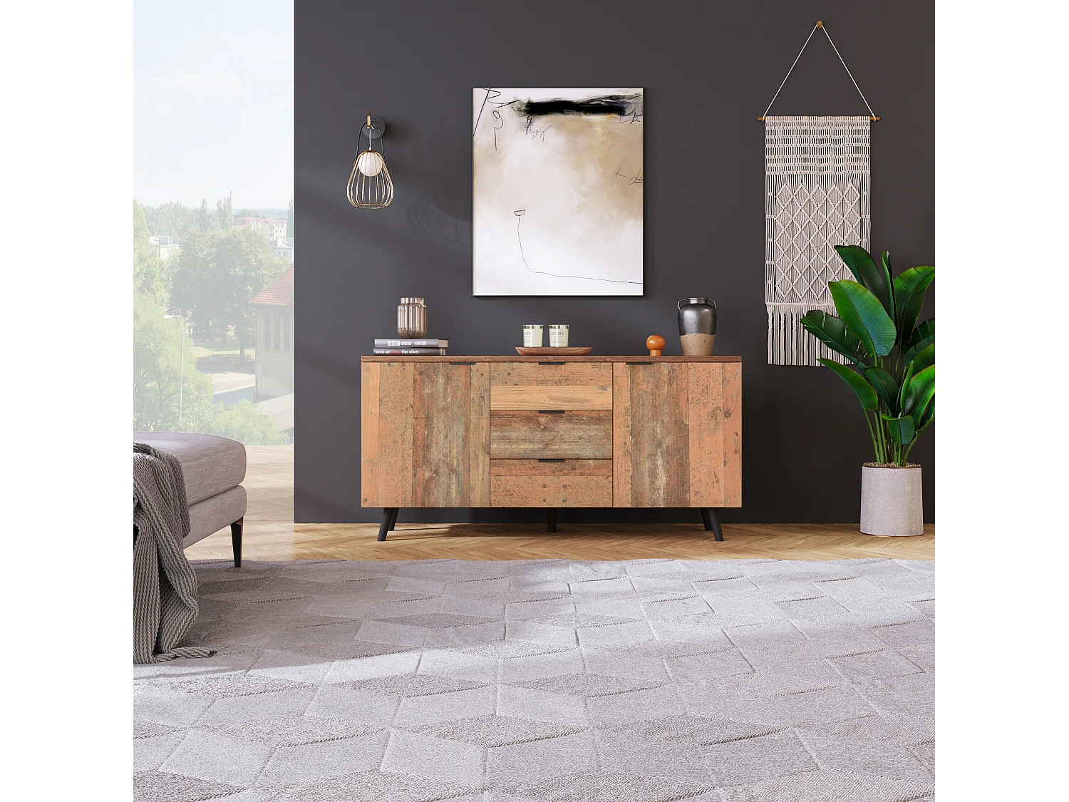 Meuble TV avec 3 tiroirs et étagères réglables, en panneau de particules, couleur bois vieilli (140x35x70 cm)