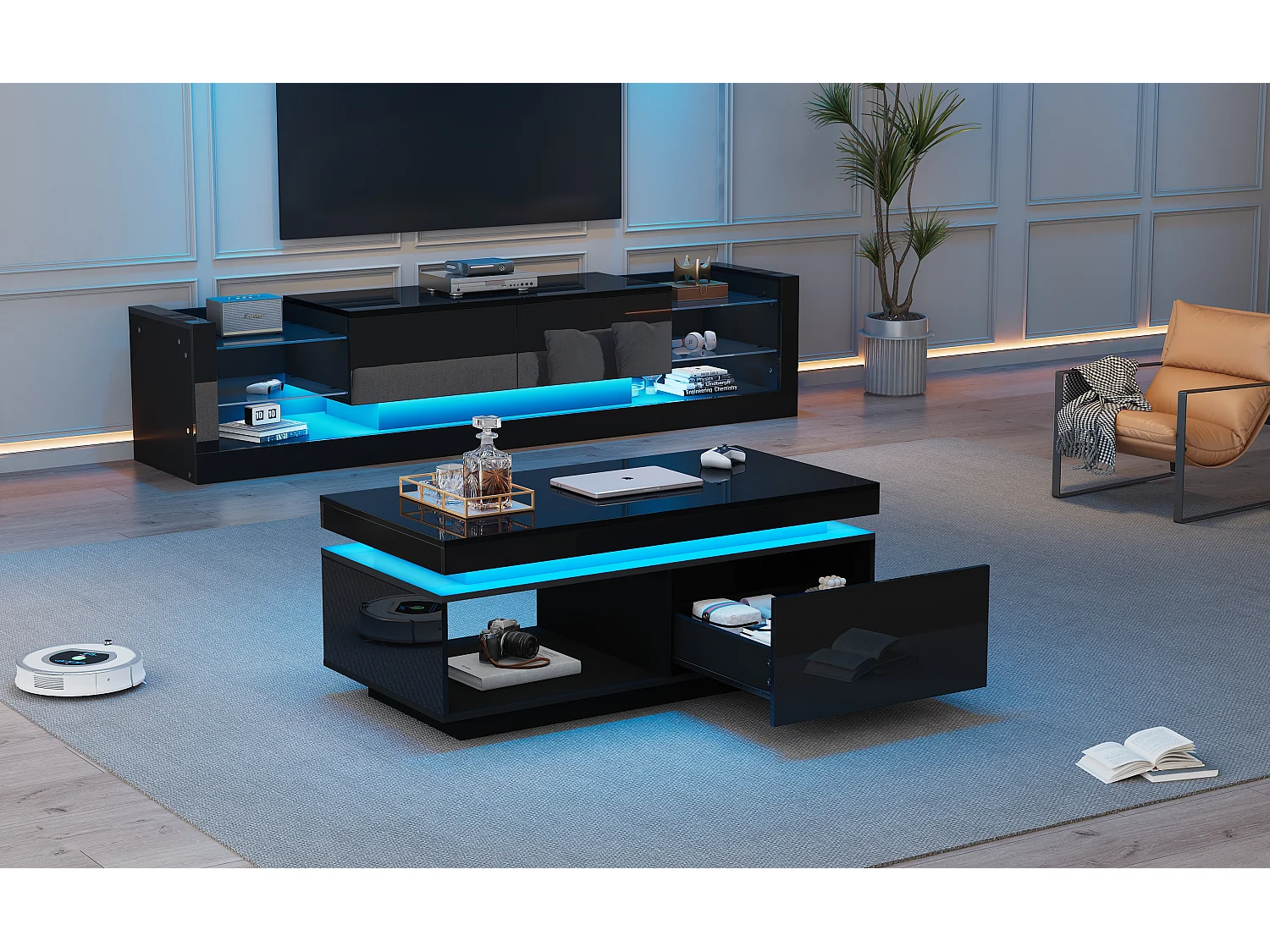 Meuble TV avec LED et Surface Hochglanz, TV-Schrank + Couchtisch, MDF, Noir, (181x38x38 cm)