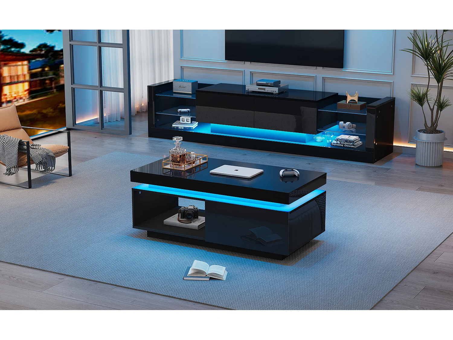 Meuble TV avec LED et Surface Hochglanz, TV-Schrank + Couchtisch, MDF, Noir, (181x38x38 cm)