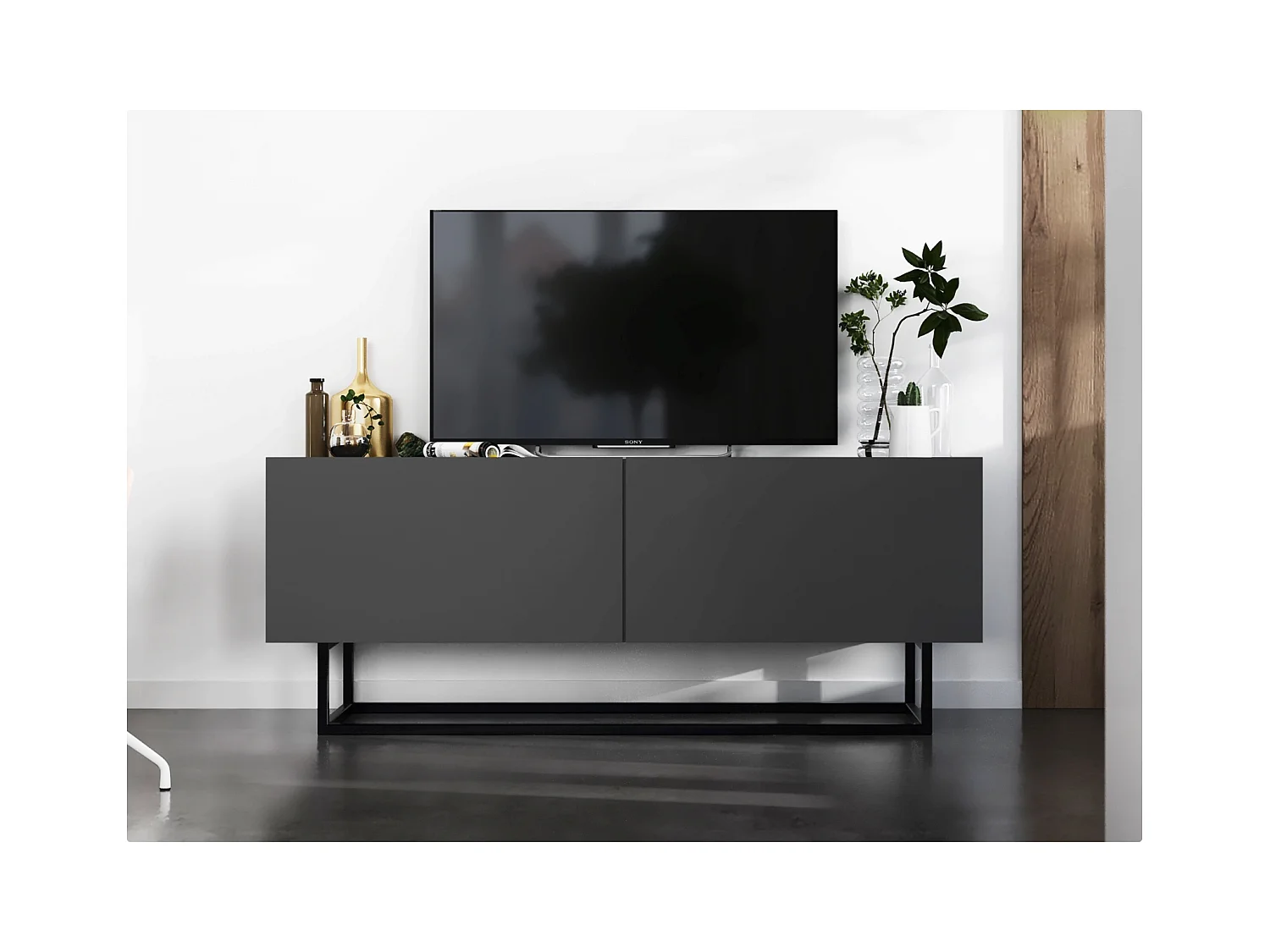 Meuble TV avec 2 portes - corps Graphite mat, façades Graphite mat - 120 cm, Cadre en métal noir