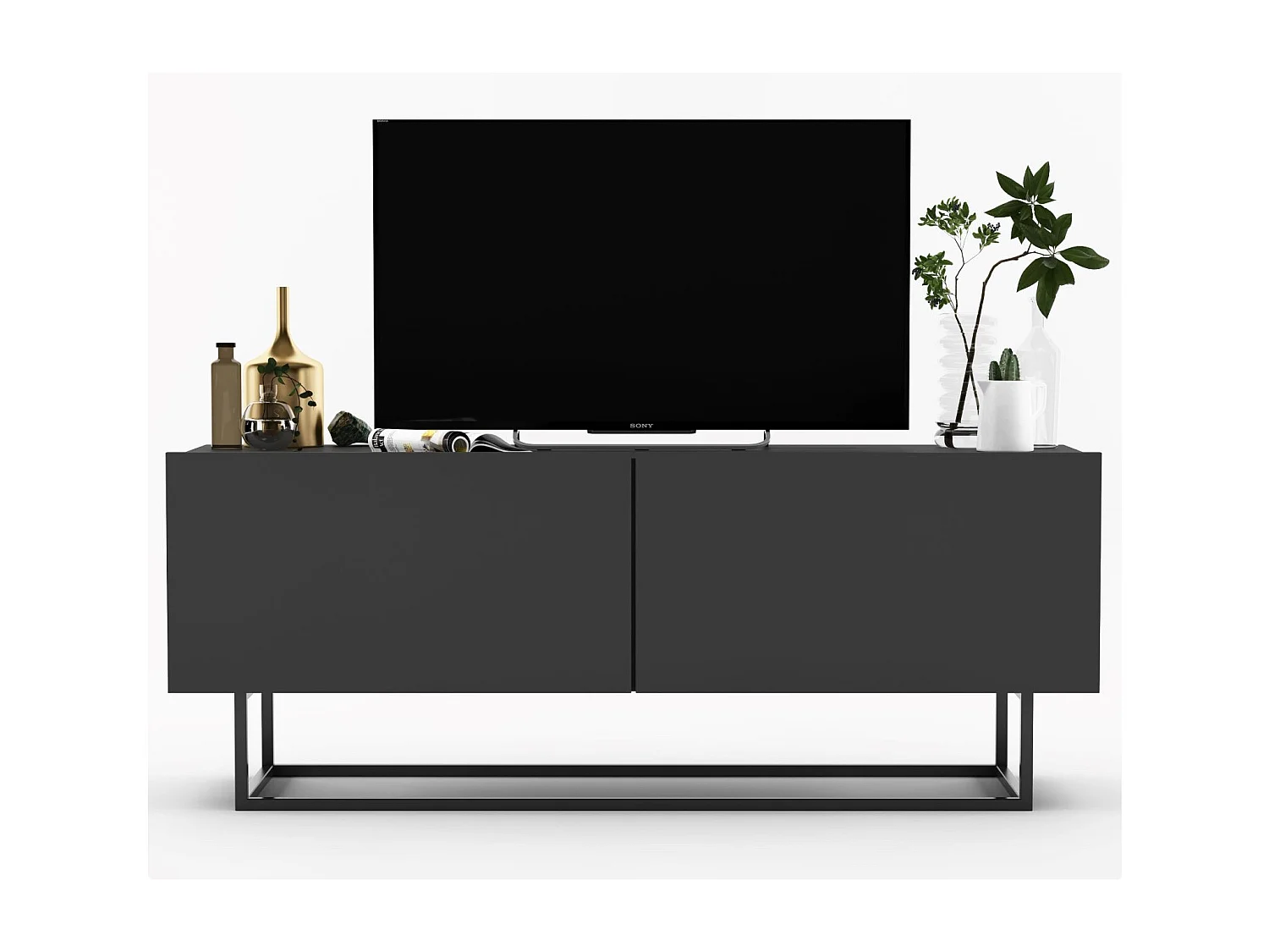 Meuble TV avec 2 portes - corps Graphite mat, façades Graphite mat - 120 cm, Cadre en métal noir