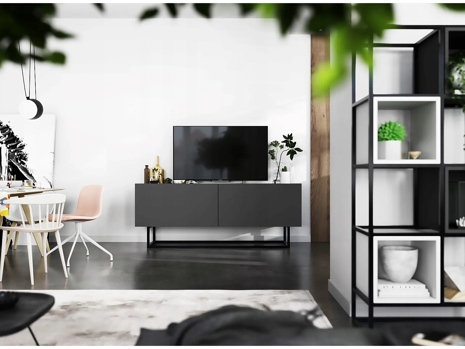 Meuble TV avec 2 portes - corps Graphite mat, façades Graphite mat - 120 cm, Cadre en métal noir