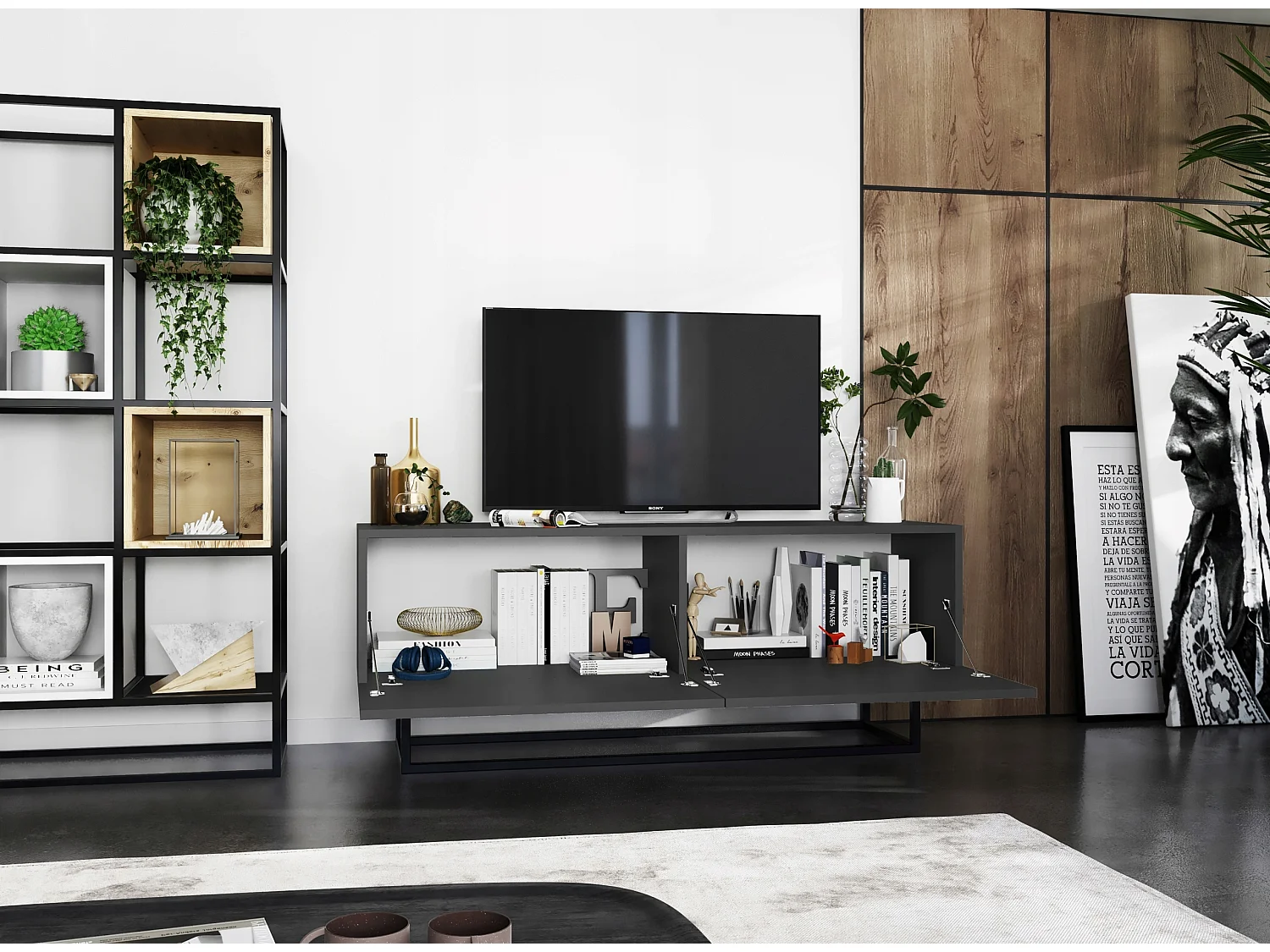 Meuble TV avec 2 portes - corps Graphite mat, façades Graphite mat - 120 cm, Cadre en métal noir