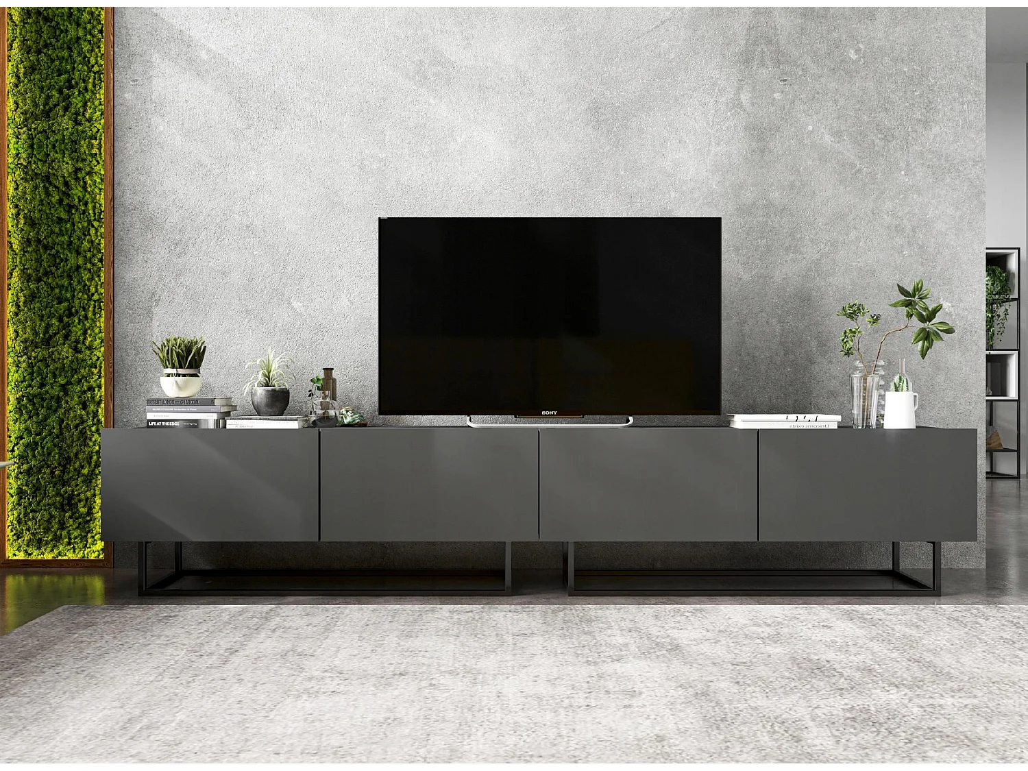 Meuble TV avec 2 portes - corps Graphite mat, façades Graphite mat - 120 cm, Cadre en métal noir