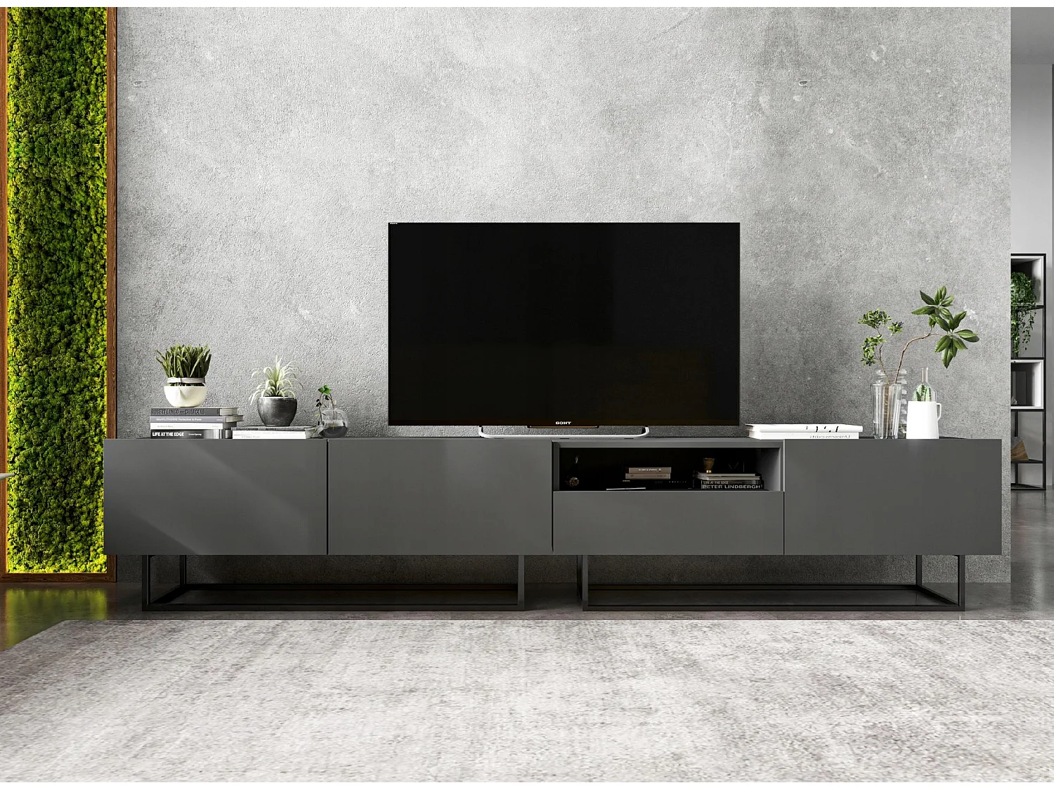 Meuble TV avec 2 portes - corps Graphite mat, façades Graphite mat - 120 cm, Cadre en métal noir