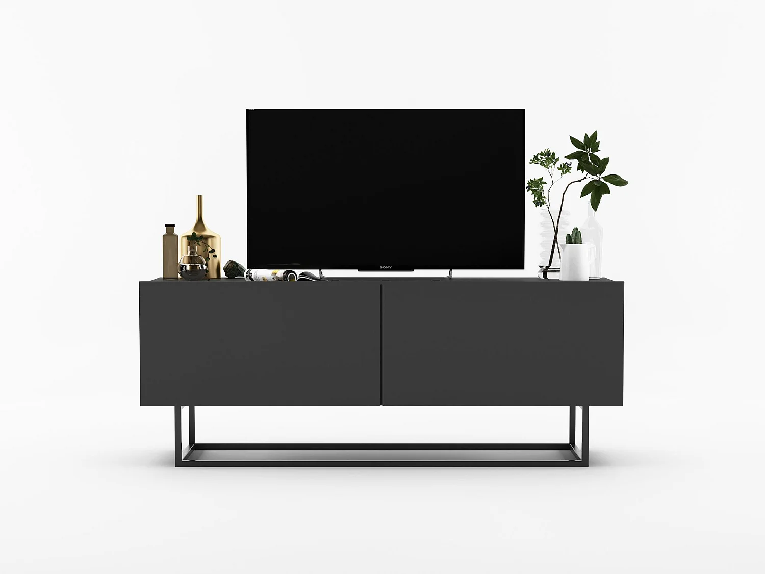 Móvel TV com 2 portas - corpo Grafite mate, frentes Grafite mate - 120 cm, Estrutura metálica preta