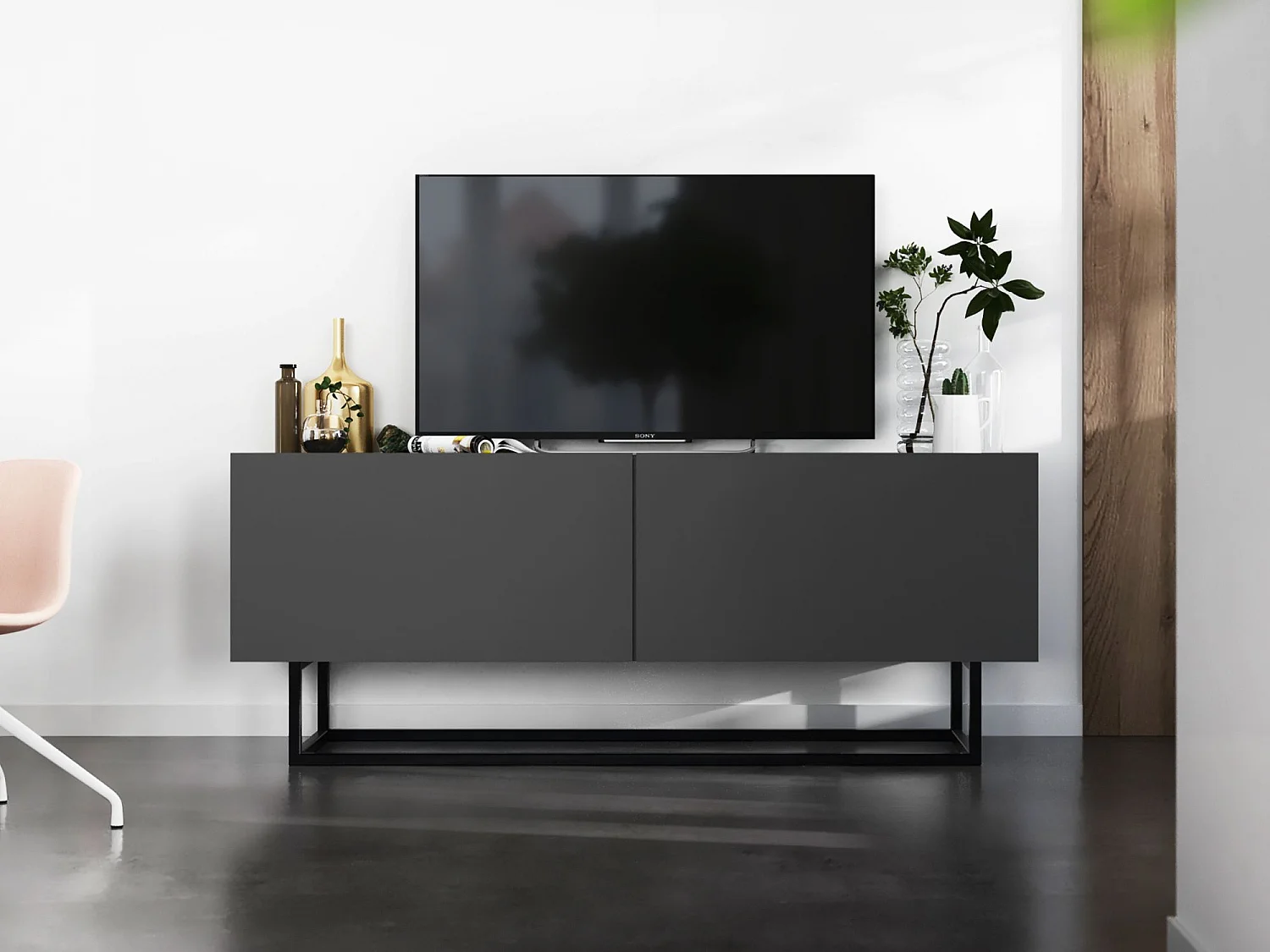 Móvel TV com 2 portas - corpo Grafite mate, frentes Grafite mate - 120 cm, Estrutura metálica preta