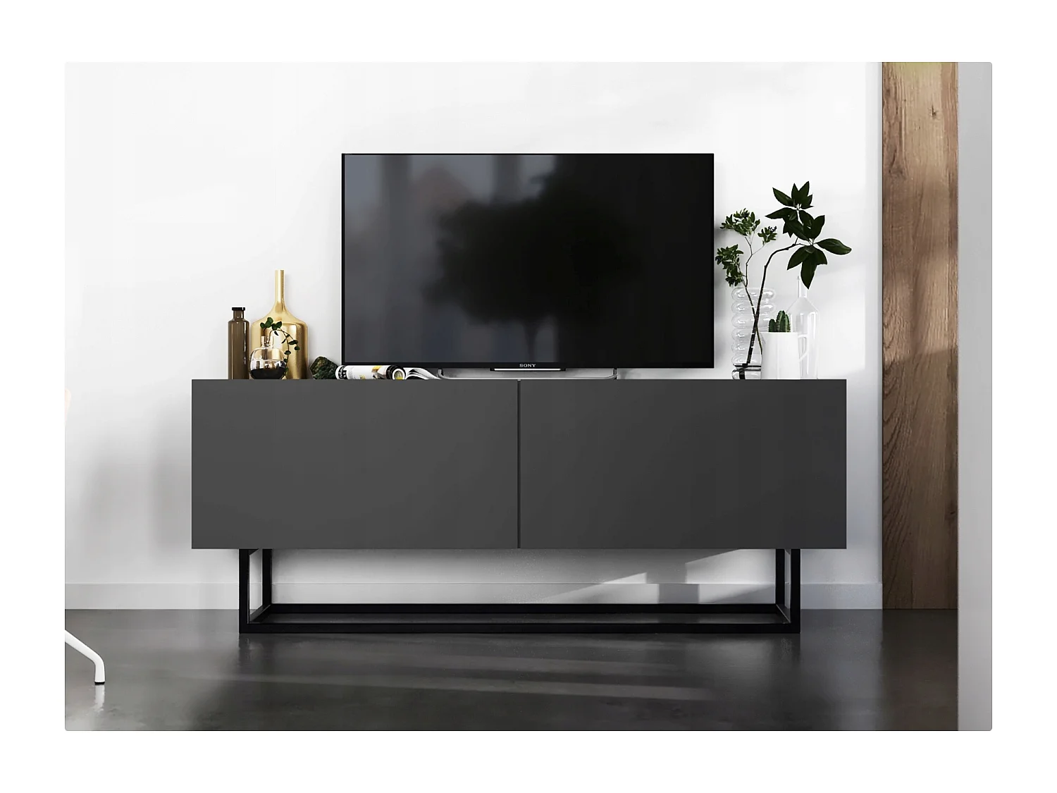 Móvel TV com 2 portas - corpo Grafite mate, frentes Grafite mate - 120 cm, Estrutura metálica preta