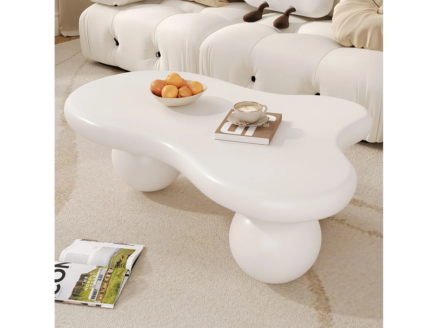 Table basse blanche - Table basse avec lumières LED et pieds ronds blancs - design en forme de nuage - pour salon et chambre d'enfant