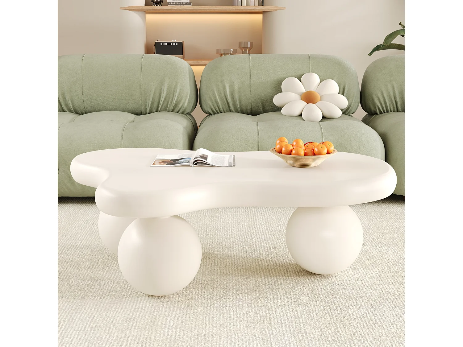 Table basse blanche - Table basse avec lumières LED et pieds ronds blancs - design en forme de nuage - pour salon et chambre d'enfant