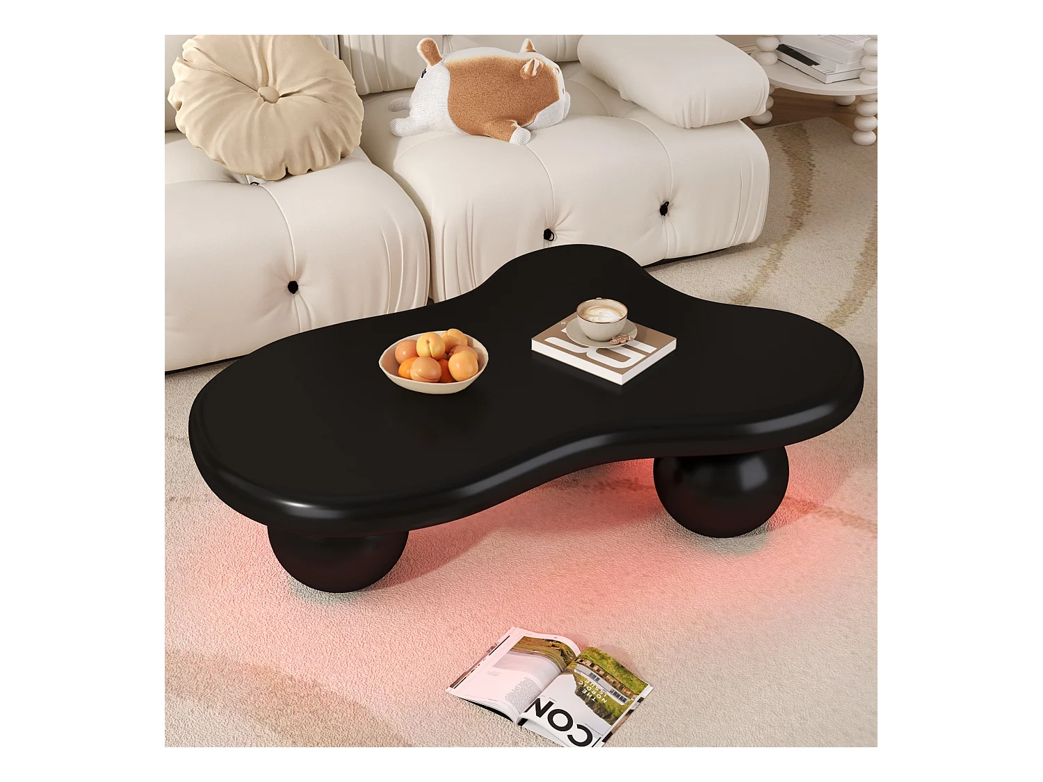 Table basse noire - Table basse avec lumières LED et pieds ronds noirs - design en forme de nuage - pour salon et chambre d'enfant