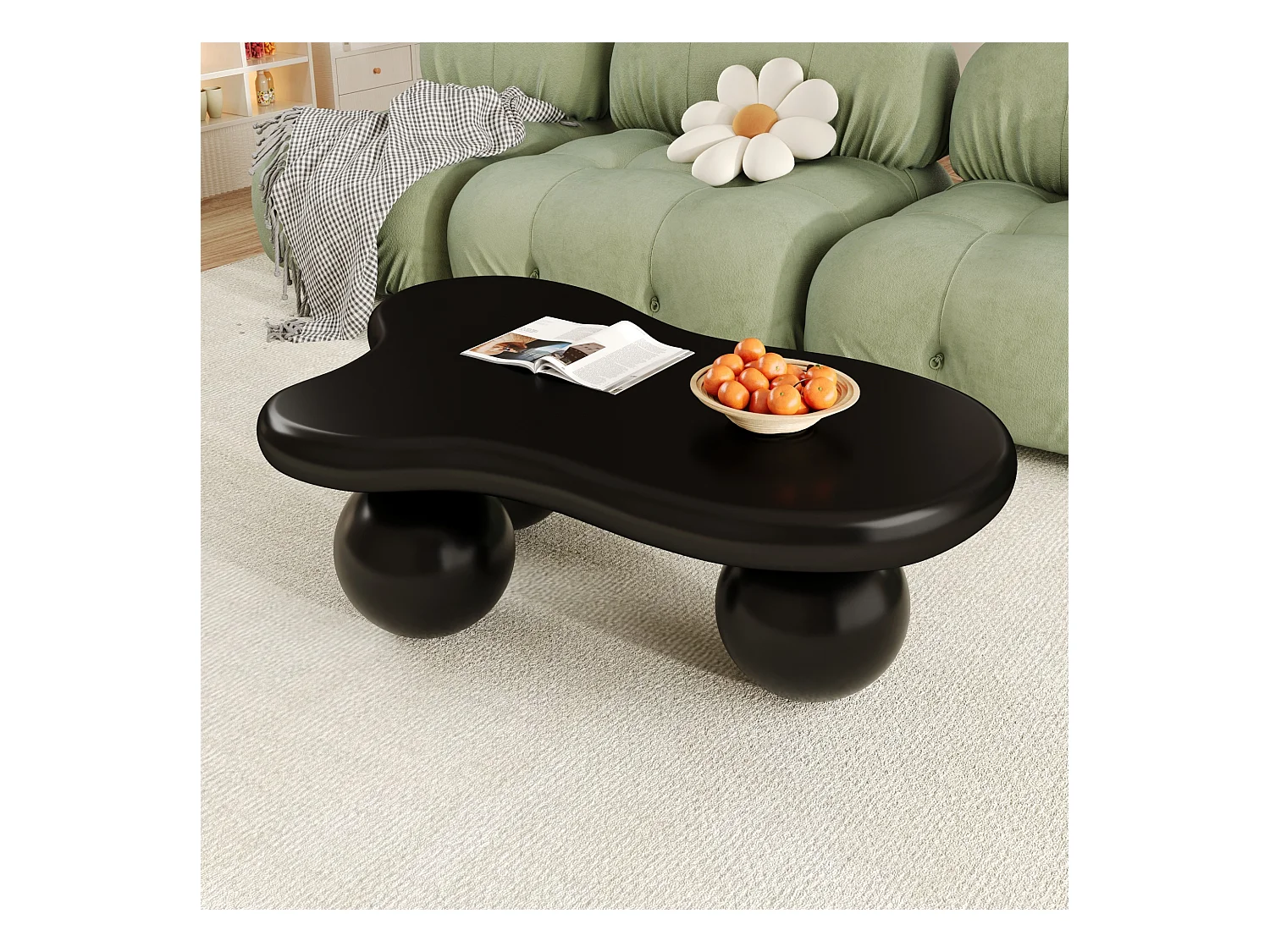 Table basse noire - Table basse avec lumières LED et pieds ronds noirs - design en forme de nuage - pour salon et chambre d'enfant
