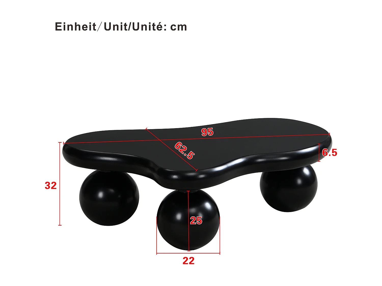 Table basse noire - Table basse avec lumières LED et pieds ronds noirs - design en forme de nuage - pour salon et chambre d'enfant