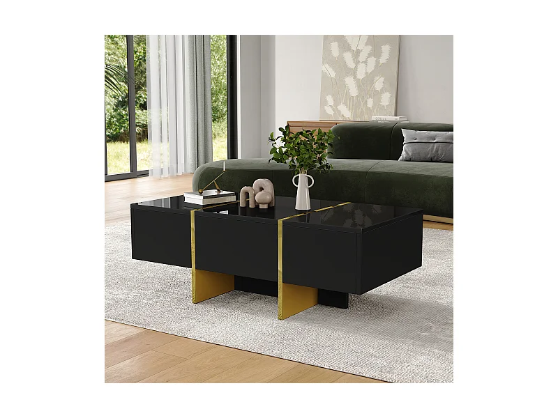 Schwarzer Couchtisch - Couchtisch mit 4 Schubladen und glänzender Platte - für wohnzimmer