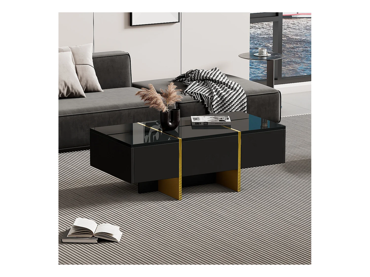 Schwarzer Couchtisch - Couchtisch mit 4 Schubladen und glänzender Platte - für wohnzimmer