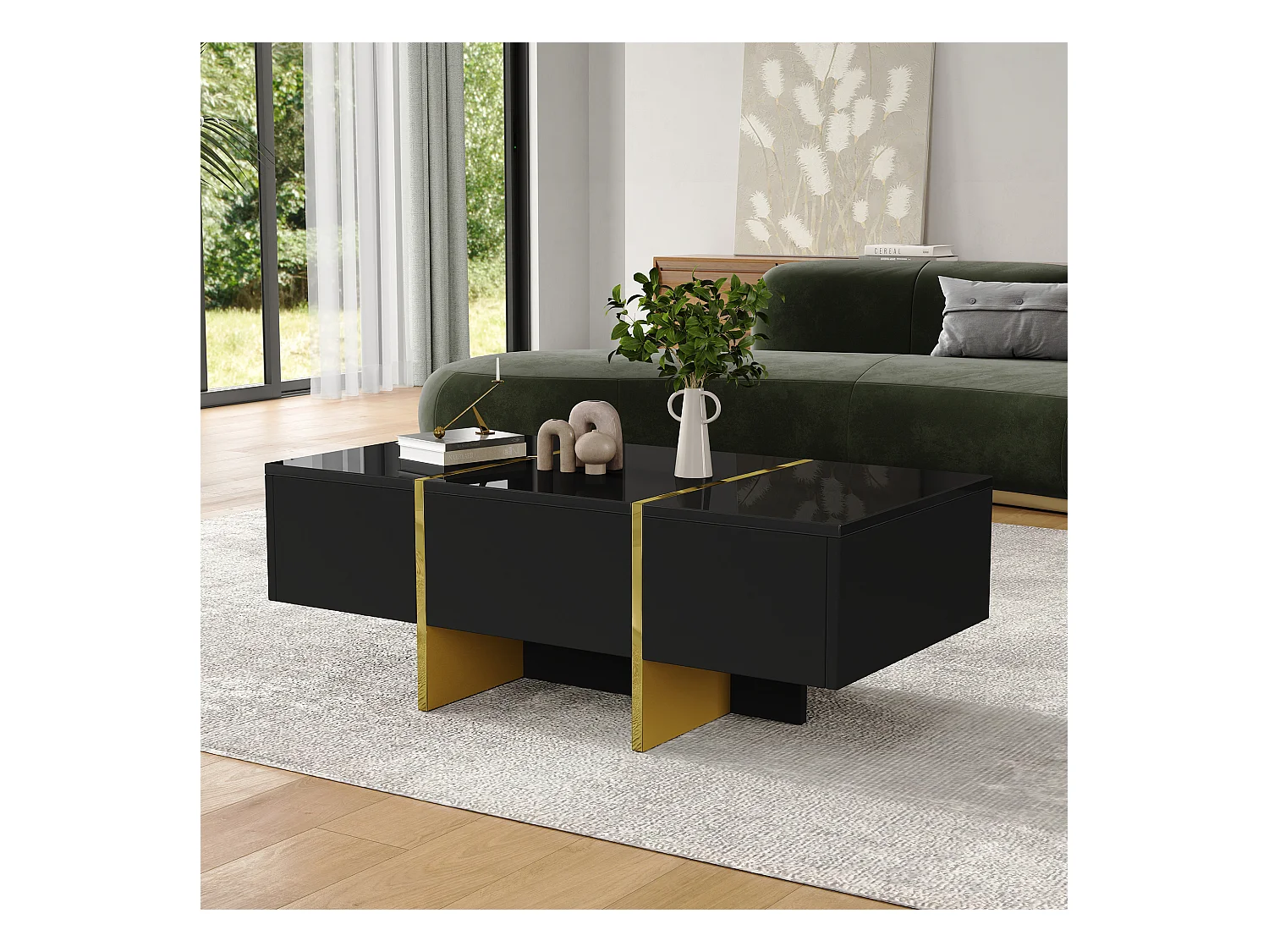 Table basse noir - Table basse avec 4 tiroirs et plateau brillant - pour le salon