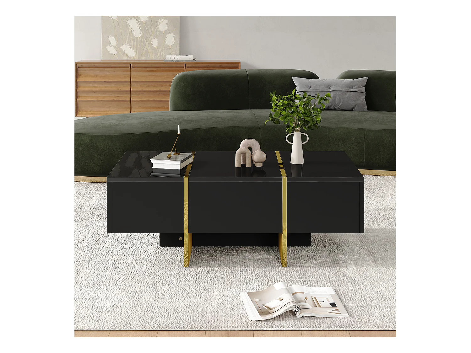 Table basse noir - Table basse avec 4 tiroirs et plateau brillant - pour le salon