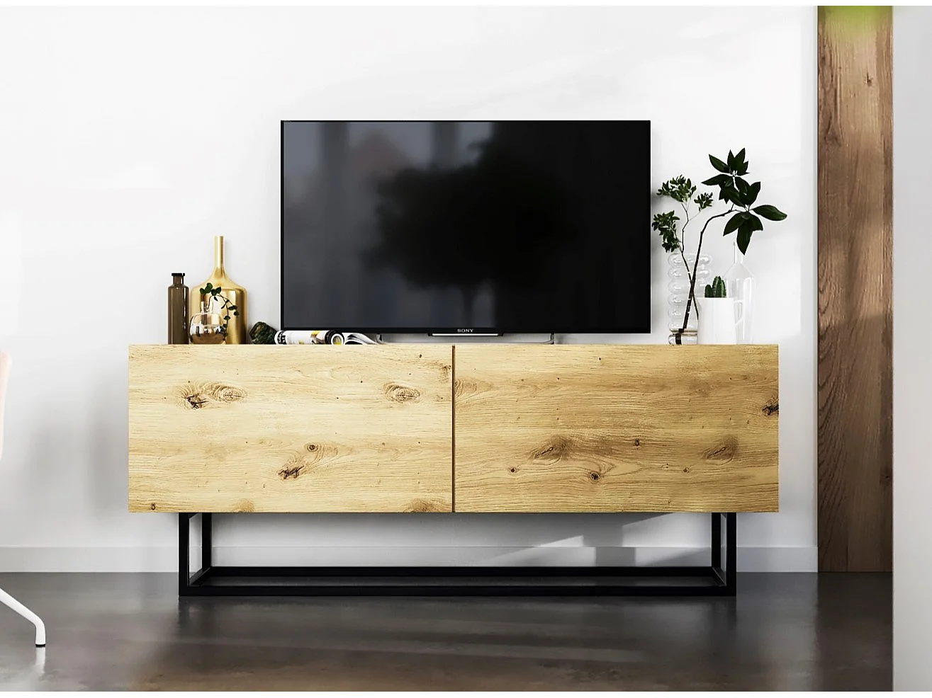 Meuble TV avec 2 portes - corps Chêne artisanal mat, façades Chêne artisanal mat - 120 cm, Cadre en métal noir