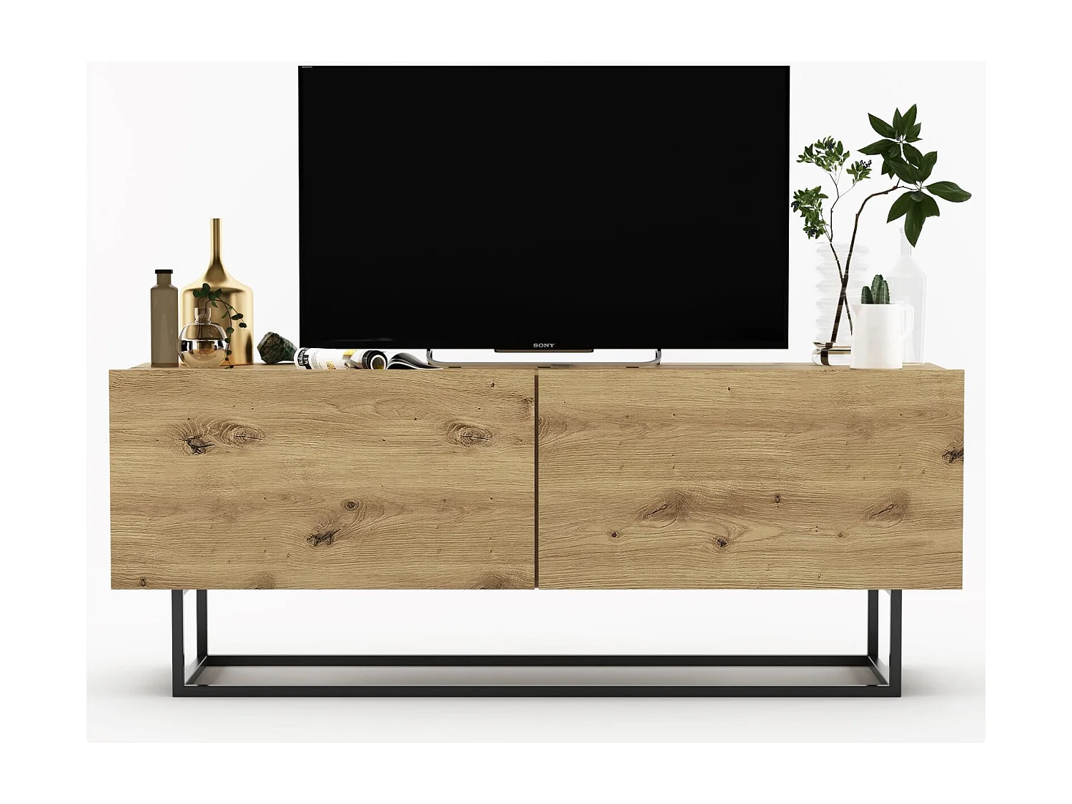 Meuble TV avec 2 portes - corps Chêne artisanal mat, façades Chêne artisanal mat - 120 cm, Cadre en métal noir