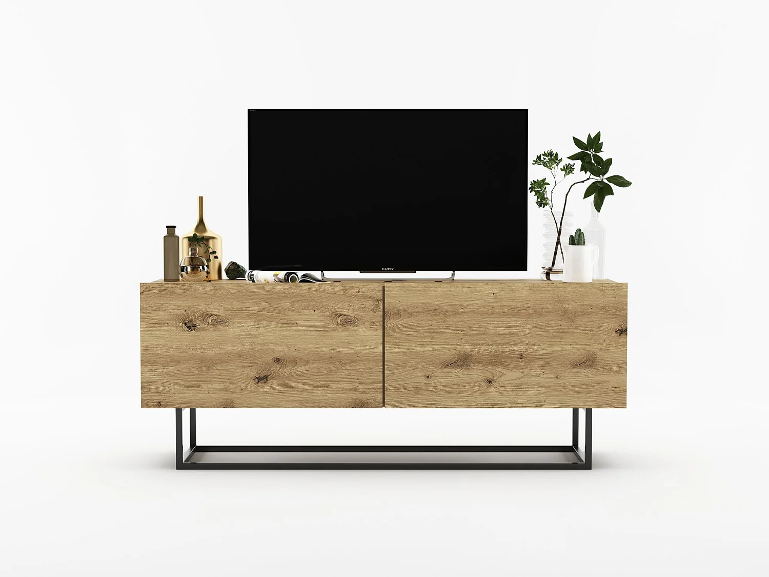 TV-meubel met 2 deuren - Mat ambachtelijk eiken lichaam, fronten Mat ambachtelijk eiken - 120 cm, Zwart metalen frame