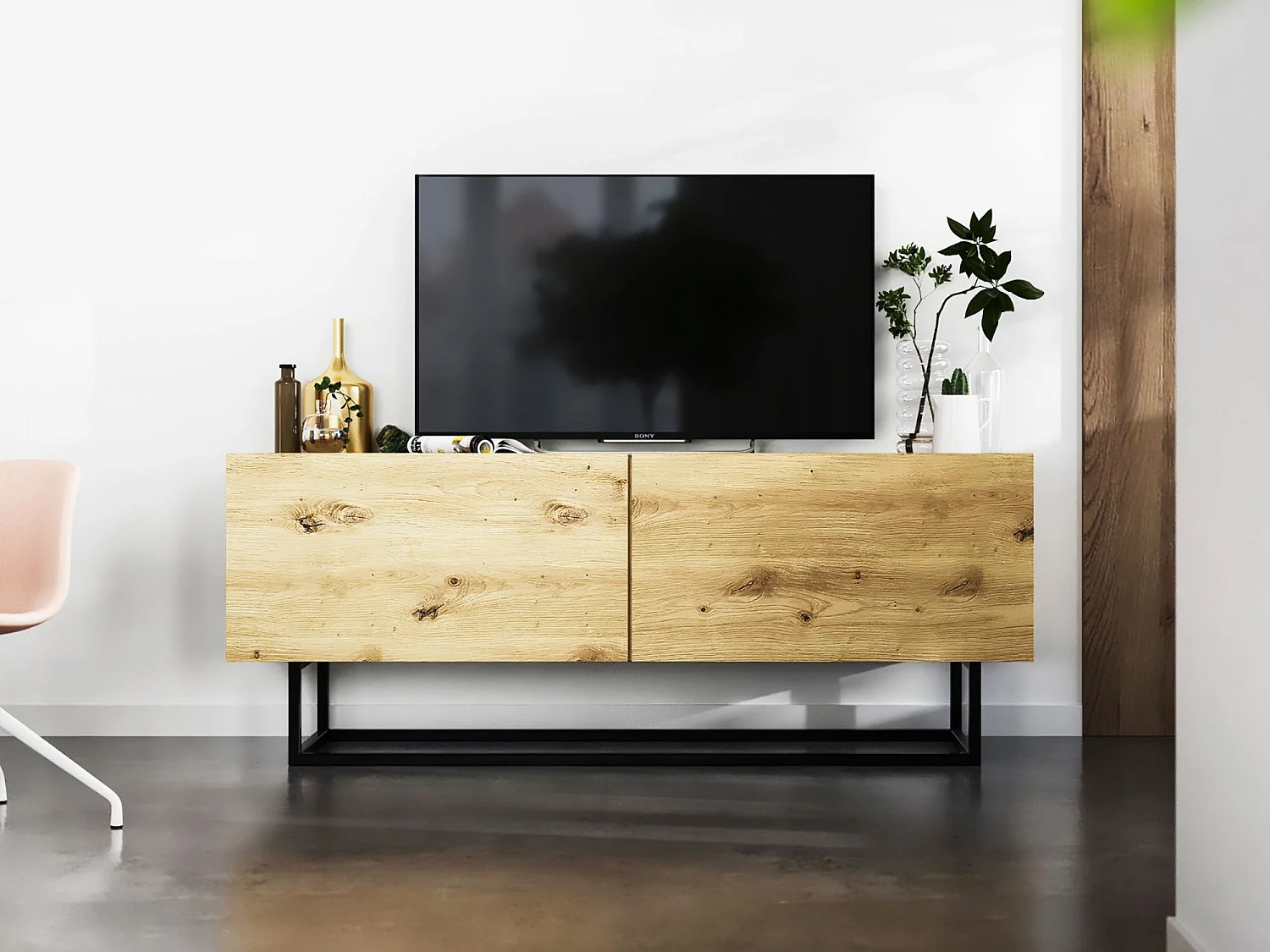 TV-meubel met 2 deuren - Mat ambachtelijk eiken lichaam, fronten Mat ambachtelijk eiken - 120 cm, Zwart metalen frame
