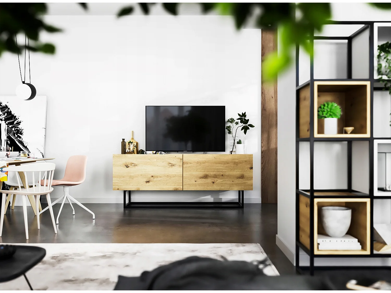 TV-meubel met 2 deuren - Mat ambachtelijk eiken lichaam, fronten Mat ambachtelijk eiken - 120 cm, Zwart metalen frame