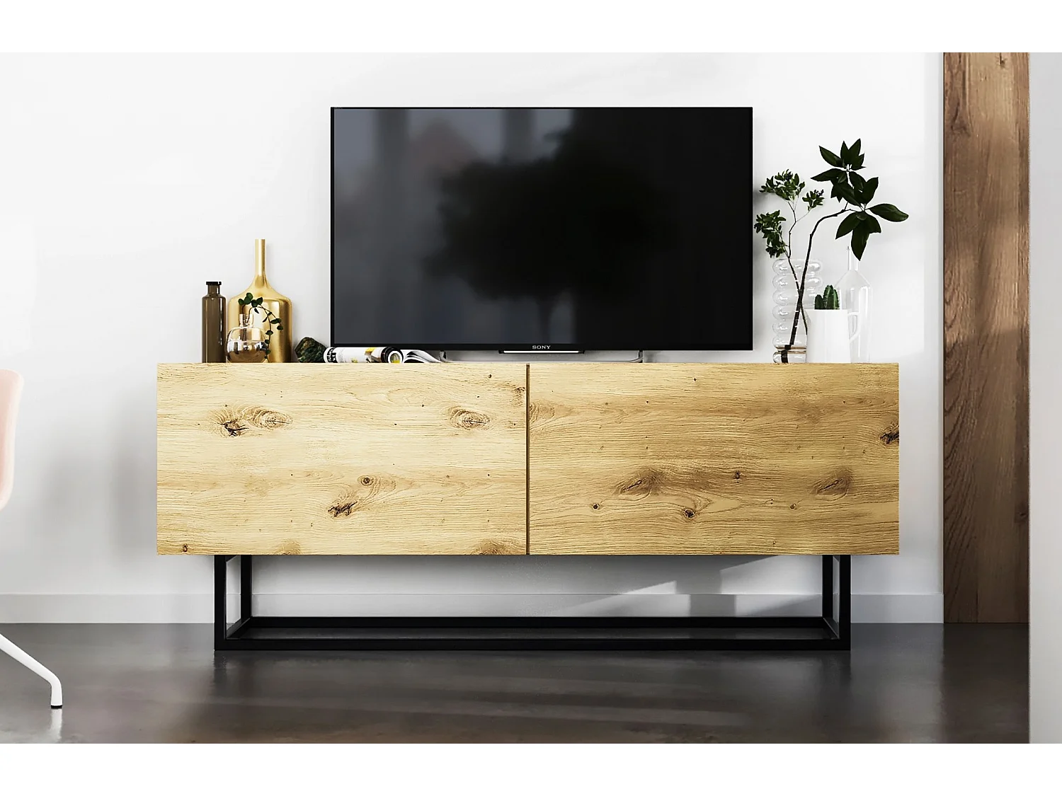 TV-meubel met 2 deuren - Mat ambachtelijk eiken lichaam, fronten Mat ambachtelijk eiken - 120 cm, Zwart metalen frame