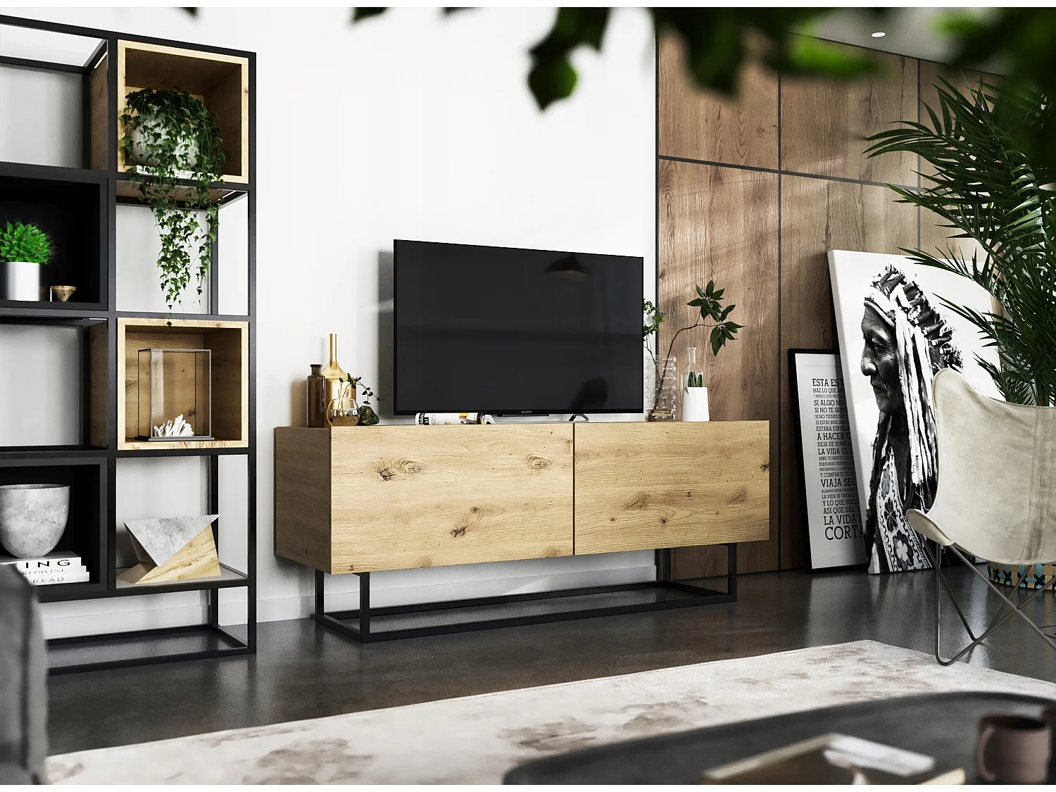 TV-meubel met 2 deuren - Mat ambachtelijk eiken lichaam, fronten Mat ambachtelijk eiken - 120 cm, Zwart metalen frame